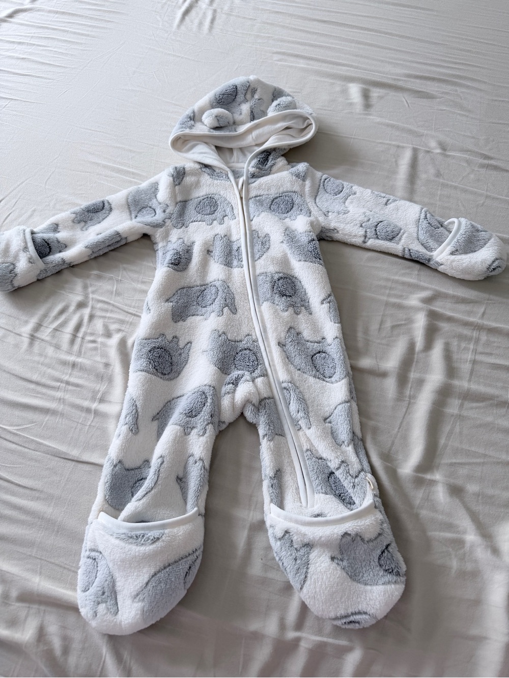 Plush White & Gray Elephant Hooded Footed One-Piece for Kids